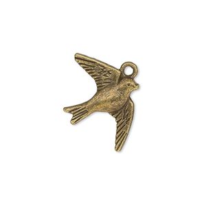 Charm, antique brass-plated "pewter" (zinc-based alloy), 23x18mm single-sided flying swallow. Sold per pkg of 20.