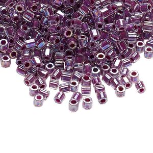 Seed bead, Delica®, glass, pkg/50g, #8 cut, translucent raspberry-lined rainbow crystal clear (DBLC-0056).