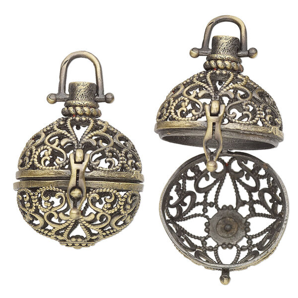 Focal, antique brass-finished brass, 32x25mm round bead cage with cutout fancy design and safety latch, fits up to 18mm bead. Sold individually. image number 0
