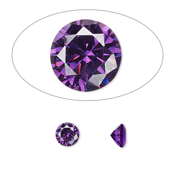 Gem, cubic zirconia, amethyst purple, 6mm faceted round, Mohs hardness 8-1/2. Sold per pkg of 2. image number 0