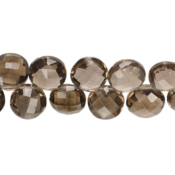 Bead, smoky quartz (heated / irradiated), medium to dark, 8-10mm hand-cut top-drilled faceted puffed flat round with 0.4-1.4mm hole, B+ grade, Mohs hardness 7. Sold per 6-inch strand. image number 0
