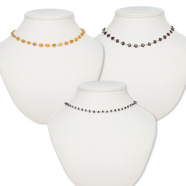 Necklace mix, multi-gemstone (natural / dyed / heated) and brass, mixed colors, 5x3mm-11x6mm mixed shape, 17 inches with S-hook clasp. Sold per pkg of 3. image number 0