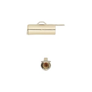 End bar, gold-finished brass, 14x5mm round tube with fold-in ends, 4mm inside diameter. Sold per pkg of 10.