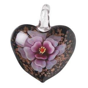 Pendant, lampworked glass, multicolored with copper-colored foil, 42x36mm single-sided puffed heart with flower design. Sold individually.