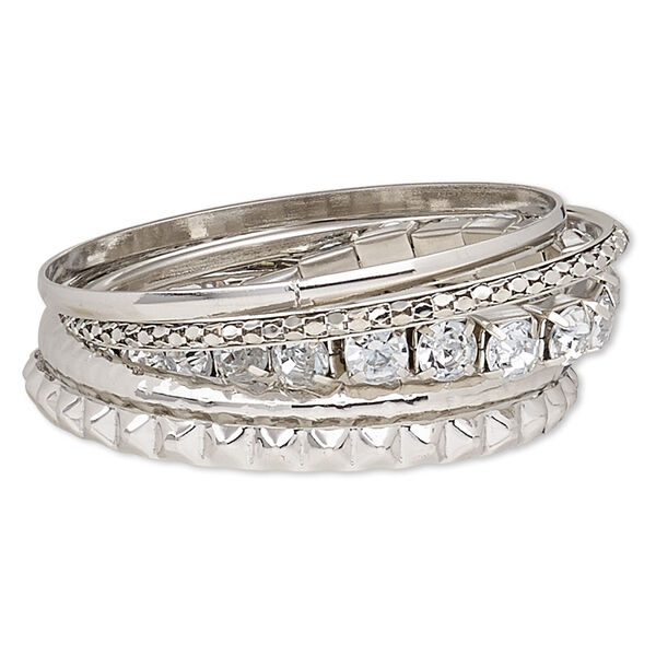 Bracelet, bangle and stretch, glass rhinestone and imitation rhodium-finished steel, clear, 2-8mm wide with cupchain and spike, 7-8 inches. Sold per 5-piece set. image number 0