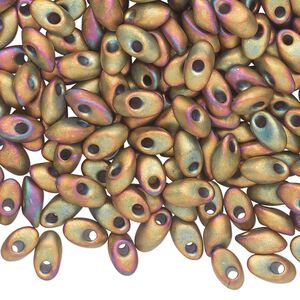 Seed bead, Miyuki, glass, pkg/10g, 7x4mm long magatama, opaque matte metallic rainbow rose green (LMA-2035).