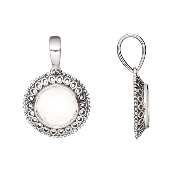 Pendant, antiqued sterling silver, 17mm round with fancy rim and 10mm round bezel setting. Sold individually. image number 0