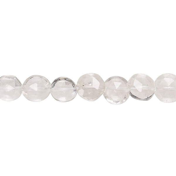Bead, quartz crystal (natural), 6-8mm hand-cut faceted puffed flat round, B+ grade, Mohs hardness 7. Sold per 5-inch strand. image number 0