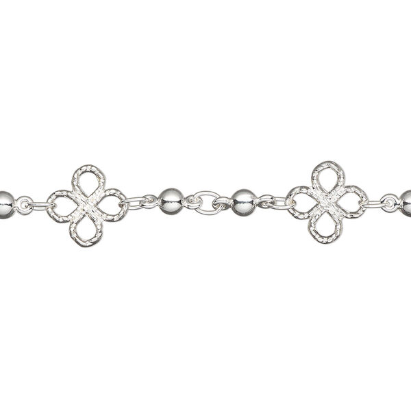 Chain, silver-plated brass, 8mm clover with 3mm bead. Sold per pkg of 5 feet. image number 0