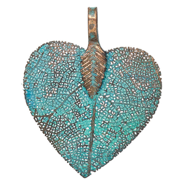 Pendant, copper-plated brass and Indian rubber plant, green patina, 30x27mm-34x27mm double-sided heart. Sold individually. image number 0