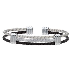 Bracelet, cuff, black- and silver-plated stainless steel, 12mm wide 3-row cable band, adjustable from 7-1/2 to 8 inches. Sold individually.