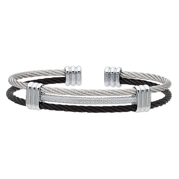 Bracelet, cuff, black- and silver-plated stainless steel, 12mm wide 3-row cable band, adjustable from 7-1/2 to 8 inches. Sold individually. image number 0