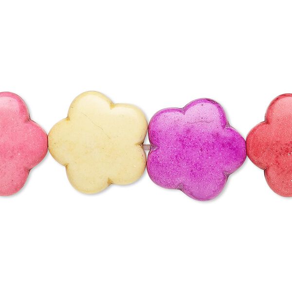 Bead, "howlite" (imitation) resin. mixed colors, 15-16mm puffed flower. Sold per 15-inch strand. image number 0