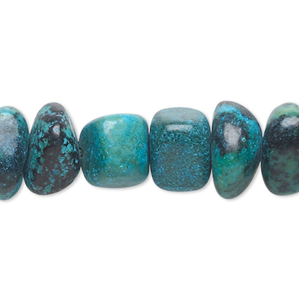 Bead, yellow "turquoise" (serpentine and quartz) (dyed), blue, extra-large chip and small to medium nugget, Mohs hardness 2-1/2 to 6. Sold per 15-1/2" to 16" strand. image number 0