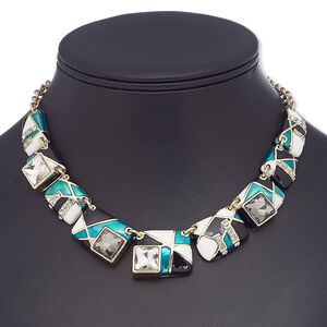Necklace, glass rhinestone / enamel / glass / gold-finished brass / steel / "pewter" (zinc-based alloy), multicolored, rectangle, 16 inches with 2-inch extender chain and lobster claw clasp. Sold individually.