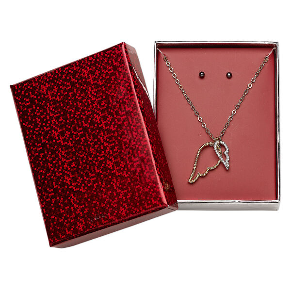 Necklace and earring set, glass / gold- / silver-finished pewter (tin-based alloy) / gunmetal- / gold-finished steel, clear, 25x13mm double open wing, 16 inches with 3-inch extender chain and lobster claw clasp, 3mm earrings with round and post. Sold per set. image number 0