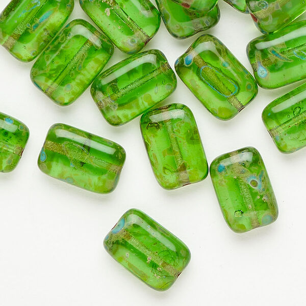 Bead pressed glass 1pkg50 12x8mm puffed rectangle, transparent green / brown image number 0