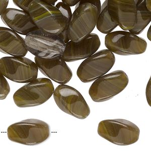Bead, Czech pressed glass, translucent dark olive green and yellow-green, 12x8mm twisted 4-sided oval. Sold per 2-ounce pkg, approximately 65 beads.