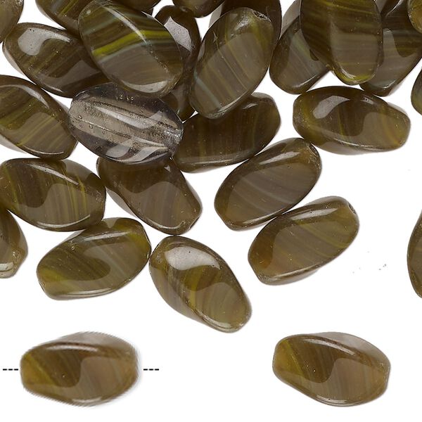 Bead, Czech pressed glass, translucent dark olive green and yellow-green, 12x8mm twisted 4-sided oval. Sold per 2-ounce pkg, approximately 65 beads. image number 0