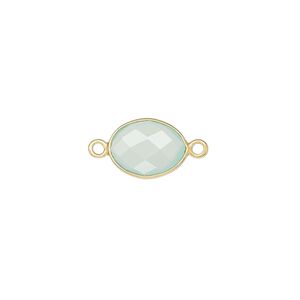 Link, chalcedony (dyed) and gold-finished sterling silver, aqua blue, 9x7mm-12x10mm oval with 8x6mm-11x9mm hand-cut double-sided faceted flat freeform oval. Sold individually.