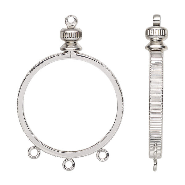 Drop, imitation nickel-plated brass, 34x25mm round with twist-off top and open back with 24mm flat round bezel setting and 3 closed loops. Sold individually. image number 0