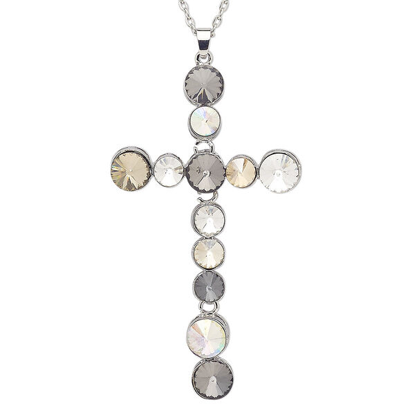 Necklace, glass with silver-plated steel and "pewter" (zinc-based alloy), multicolored, 3-1/2 x 2-inch cross, 29 inches with 2-inch extender chain and lobster claw clasp. Sold individually. image number 0