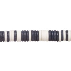 Bead, porcelain, opaque matte black and white, 6.5x1.5mm heishi. Sold per 8-inch strand, approximately 120 to 150 beads.