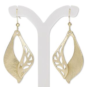 Earring, gold-finished steel and brass, 1-3/4 inches with brushed marquise and cutout design with fishhook ear wire. Sold per pair.