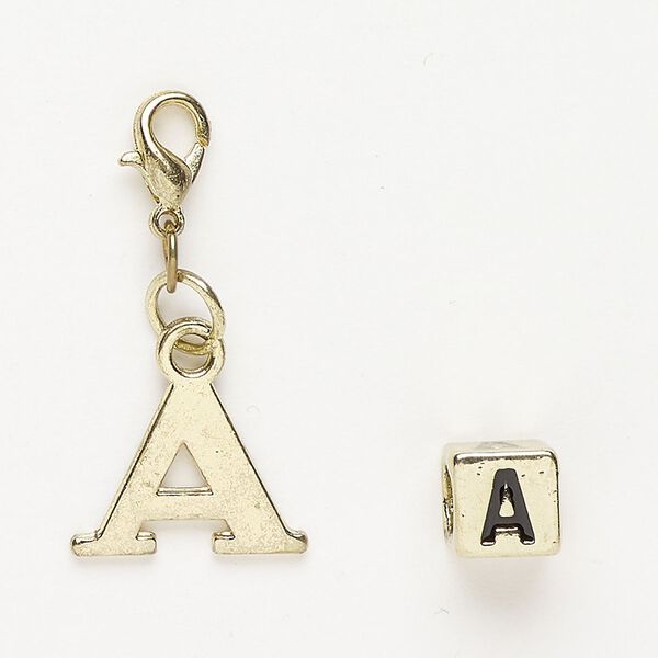 Charm and bead 1pkg2 brass-finished "pewter" (zinc-based alloy) / steel / enamel, black, 16x12mm "A" with lobster claw clasp and 7mm cube with "A". image number 0