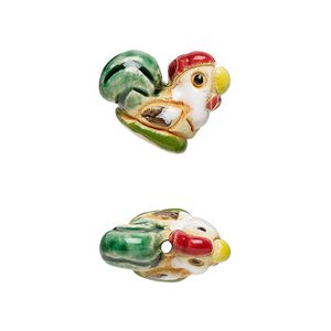 Bead, glazed ceramic, multicolored, 17x15mm hand-painted rooster. Sold per pkg of 2.