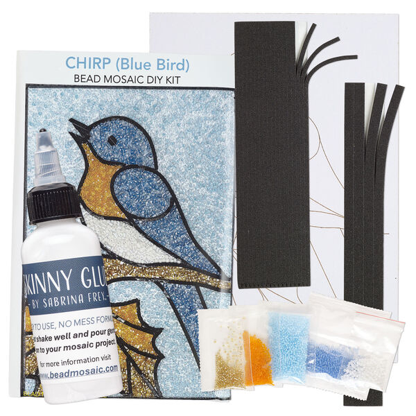 Sabrina Frey Bead Mosaic&trade; Starter Kit, glass / medium-density fiberboard / glue, pkg/1, multicolored, 5x7 inches with "Chirp (bluebird)" design. image number 1