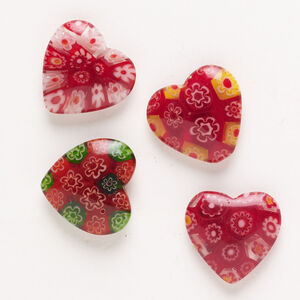 Bead, millefiori glass, pkg/4, translucent multicolored, 18-20mm half-drilled puffed heart.