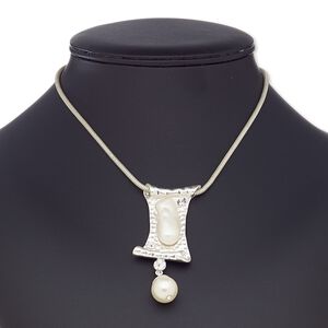 Necklace, plastic / resin / silver-coated plastic / silver-finished brass / steel / "pewter" (zinc-based alloy), white and clear, 2-3/4 x 1-inch scroll, 16 inches with 2-inch extender chain and lobster claw clasp. Sold individually.