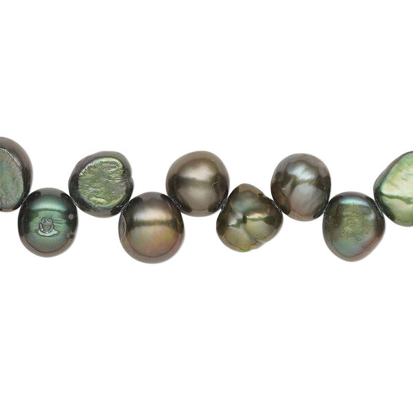 Pearl, cultured freshwater (dyed), dark forest green, 7-8mm top-drilled flat-sided potato with 0.4-0.5mm hole, D grade, Mohs hardness 2-1/2 to 4. Sold per 14-inch strand. image number 0