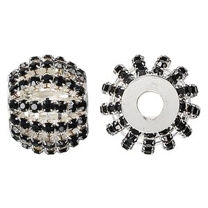 Bead, glass rhinestone and silver-plated brass, black, 25x20mm barrel with 3mm chatons, 6.5mm hole. Sold individually.