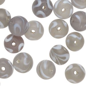 Bead, lampworked glass, translucent grey and white, 10mm round with swirl design. Sold per 2-ounce pkg, approximately 40 beads.