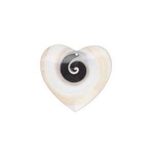Drop, tapestry turban shell (assembled), white and black, 20mm heart with flat back, Mohs hardness 3-1/2. Sold individually.