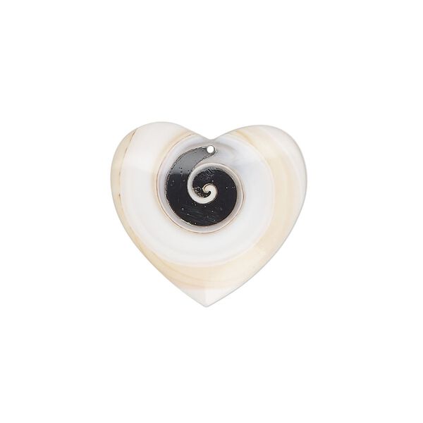 Drop, tapestry turban shell (assembled), white and black, 20mm heart with flat back, Mohs hardness 3-1/2. Sold individually. image number 0