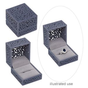 Box, ring, flocked and padded velveteen / acrylic / steel, grey, 2-3/8 x 2-1/4 x 1-8/9 inch hinged rectangle. Sold individually.