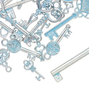 Focal and charm mix, antique silver-finished pewter (tin-based alloy), blue patina, 3/4 x 1/2 inch to 3 x 4/5 inch single- and double-sided key with mixed designs. Sold per pkg of 25.