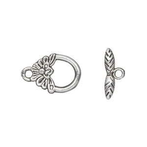 Clasp toggle 1pkg20 silver-plated "pewter" (zinc alloy), 15x12mm flower, antique 1-strand