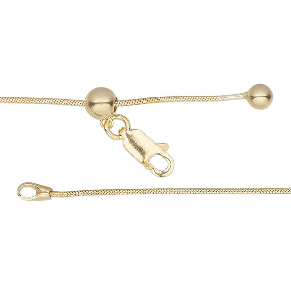 Chain, Gossamer™, "vermeil" and silicone, 1mm snake with 4mm ball and 5mm adjustable slider bead from 16 to 24 inches with lobster claw clasp. Sold individually. image number 0