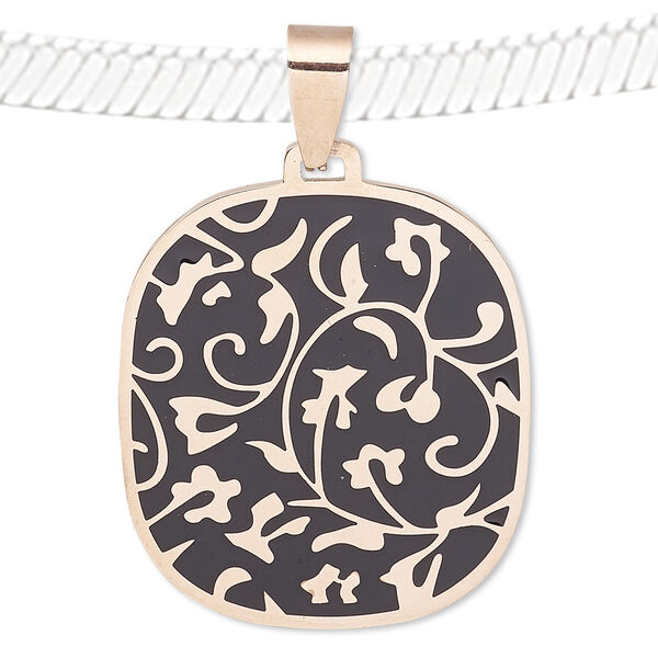 Pendant, enamel and rose gold-finished stainless steel, black, 35x32mm rounded rectangle with vine design. Sold individually. image number 0