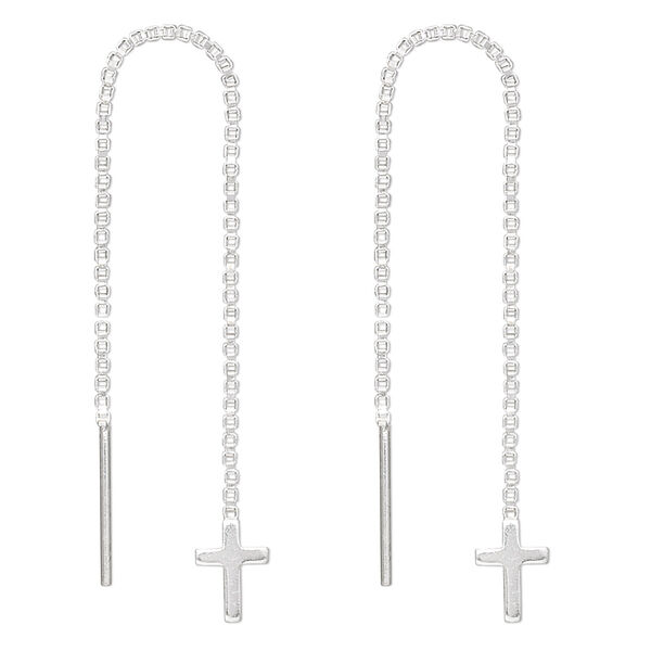 Ear thread, sterling silver, 2-3/4 inch box chain with 8x5.5mm cross. Sold per pair. image number 0