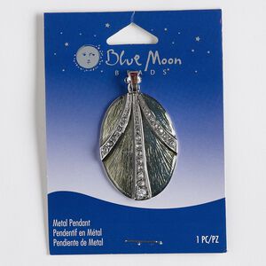 Pendant, epoxy / glass rhinestone / silver-finished steel / "pewter" (zinc-based alloy), green and clear, 42x30mm oval. Sold individually.