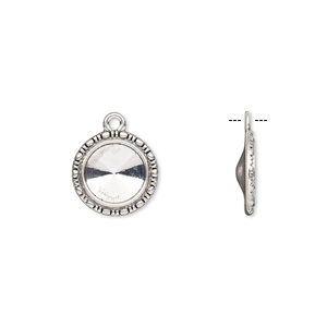 Drop, Almost Instant Jewelry®, antique silver-finished "pewter" (zinc-based alloy), 17mm round with beaded design and 12mm rivoli setting. Sold per pkg of 6.