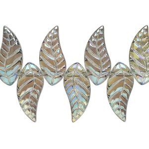 Bead, glass, translucent green AB, 18x8mm top-drilled curved leaf. Sold per 8" strand.