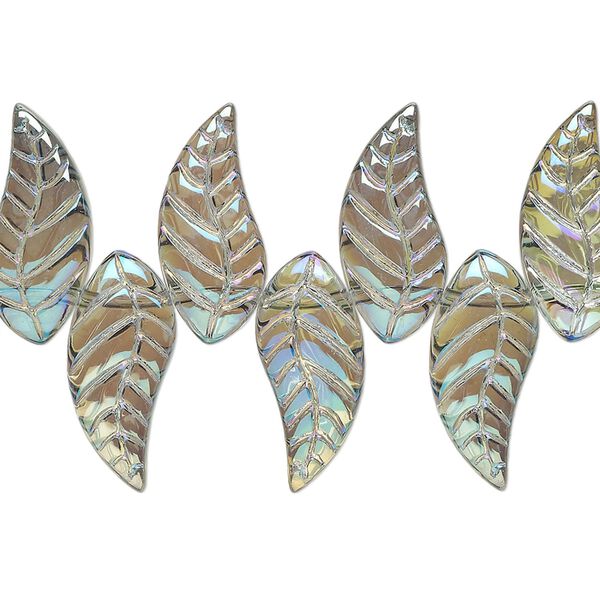 Bead, glass, translucent green AB, 18x8mm top-drilled curved leaf. Sold per 8" strand. image number 0