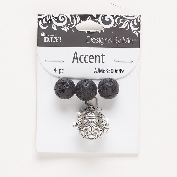 Pendant and bead set, silver-finished "pewter" (zinc-based alloy) / steel / lava rock (natural), 33x20mm hinged round locket with cutout flower and 14.5mm round. Sold per 4-piece set. image number 0