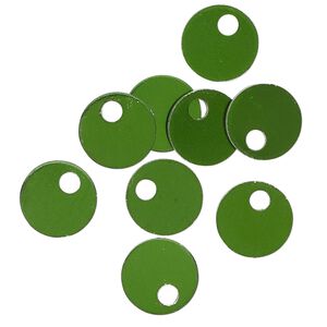 Drop, anodized aluminum, dark green, 9mm double-sided flat round blank with 2mm hole, 20 gauge. Sold per pkg of 20.